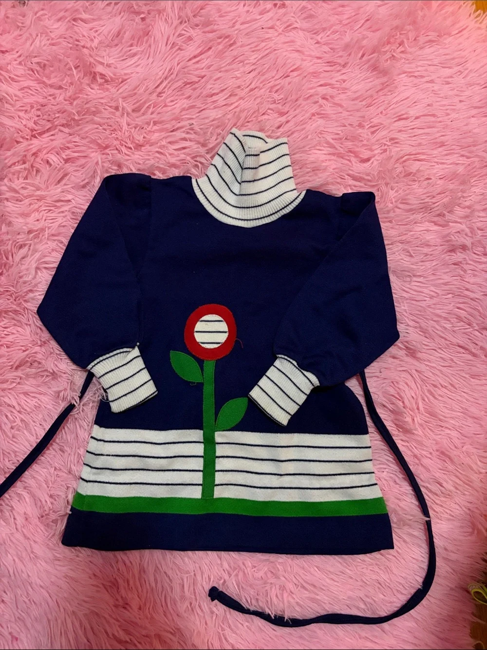 Kids Navy Blue Striped Turtleneck Tunic with Flower Appliqué